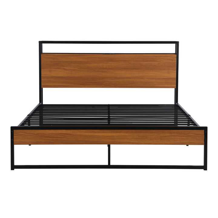 Queen Size Metal Platform Bed Frame with Sockets, USB Ports and Slat Support, No Box Spring Needed
