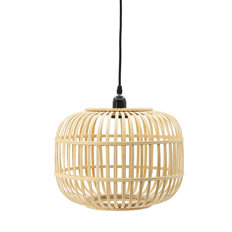 Mid-Century Modern Style Drum Shaped Bamboo Wooden Pendant Lamp image number 0