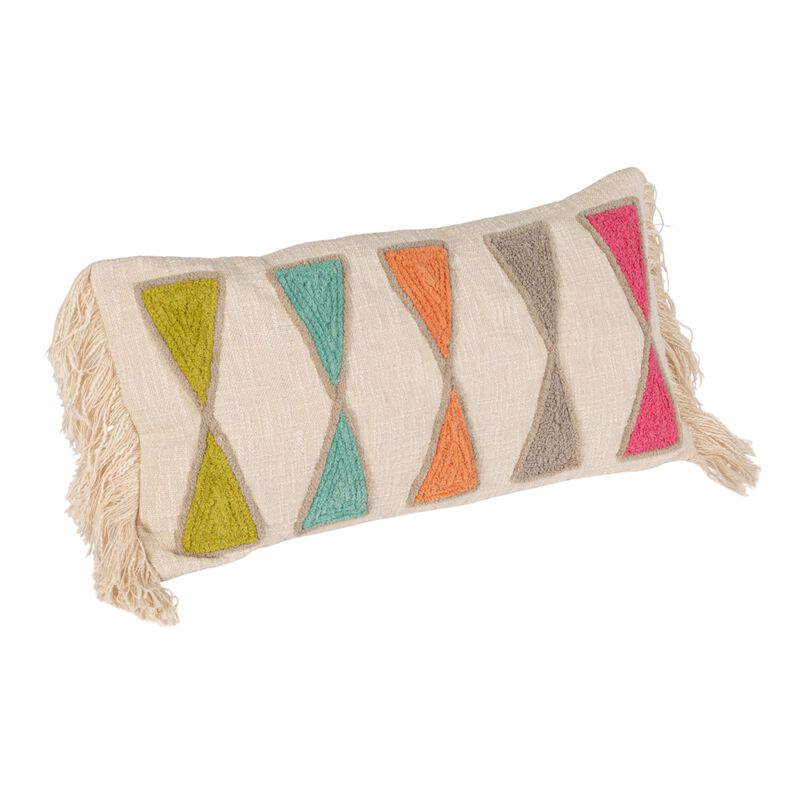 Embroidered Cotton Lumbar Pillow with Fringe, Bright Multicolors image number 3