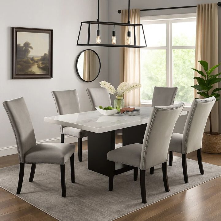Ronda 7pc Dining Table Set with Marble Top, Fabric Chairs