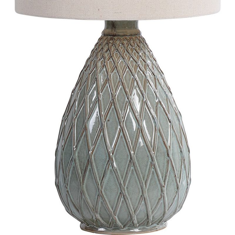Pot Bellied Ceramic Table Lamp with Diamond Pattern, Gray-Benzara