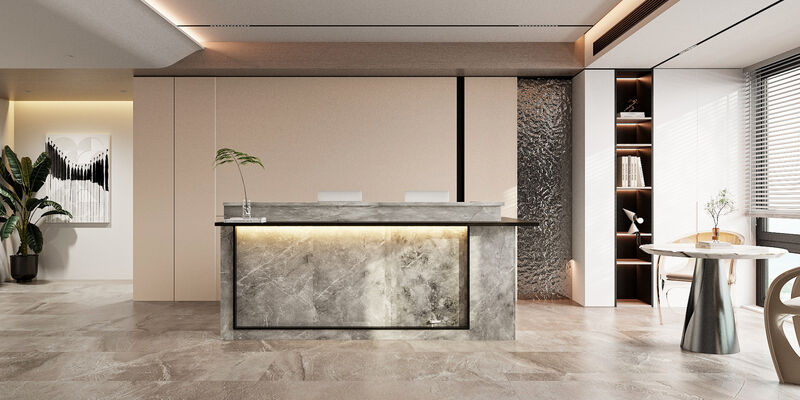 FUFU&GAGA Modern Reception Desk with LED Light Strips, Large Work Surface, Storage Cabinets & Open Shelves, Marble & Brown Finish (94.5 in.  W x 63 in.  D x 41.3 in.  H)
