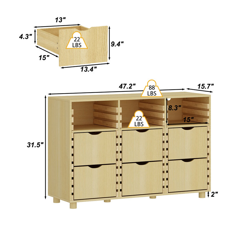 FUFU&GAGA Adjustable 3-Tier Storage Cabinet with 6 Drawers, Open Shelf, Reconfigurable Shelves, Solid Wood Feet, 47.2 in. W x 15.7 in. D x 31.5 in. H, Log color