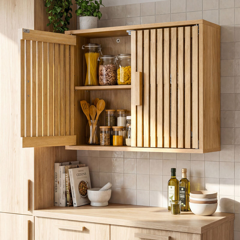 Wall Mounted Bathroom Cabinet with 2 Slatted Doors and Adjustable Shelves-Natural image number 7