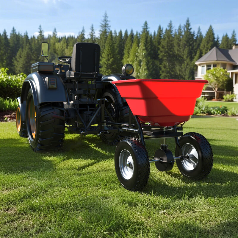 FUFU&GAGA 80lb Tow-Behind Spreader &ndash; Durable Red Frame, Rubber Pneumatic Tires, Adjustable Feed Control, (22.8" L x 16.1" W x 30.3" H), red image number 2