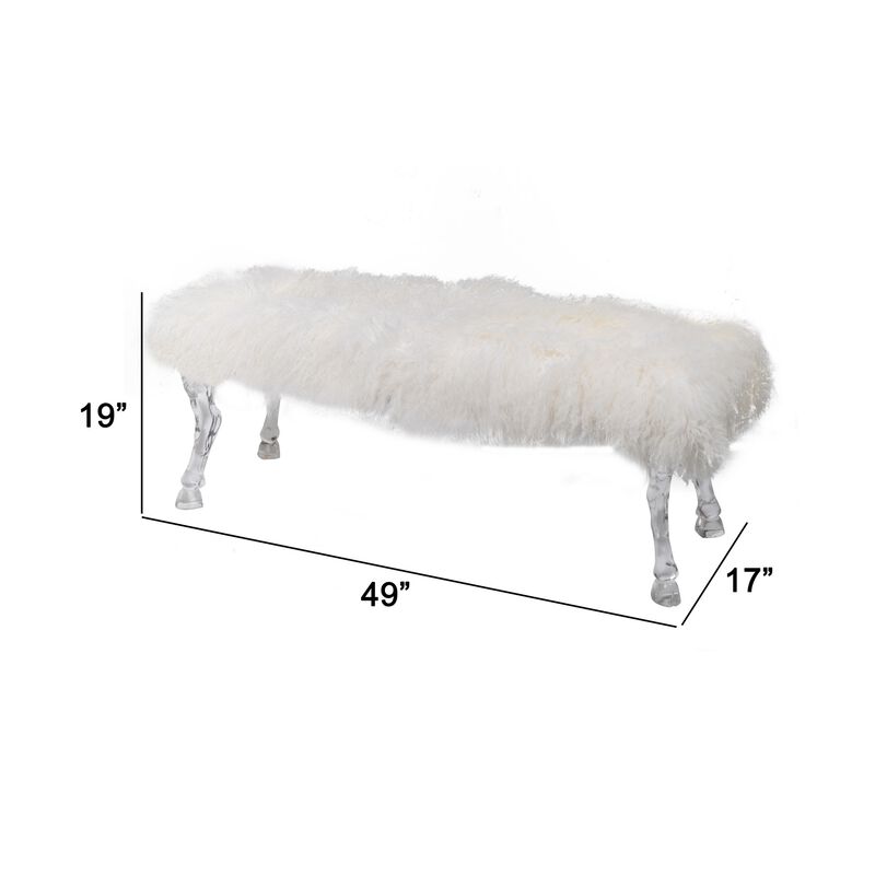 49 Inch Modern Accent Bench, Faux Fur Upholstered, Hooved Legs, All White - Benzara