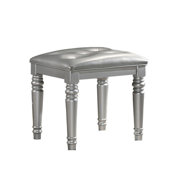 Kya 20 Inch Vanity Stool with Tufted Vegan Faux Leather Seat, Glam Silver-Benzara