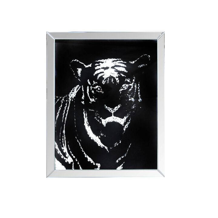 Rectangular Mirror framed Tiger Wall Decor With Crystal Inlays, Black & Silver - Benzara