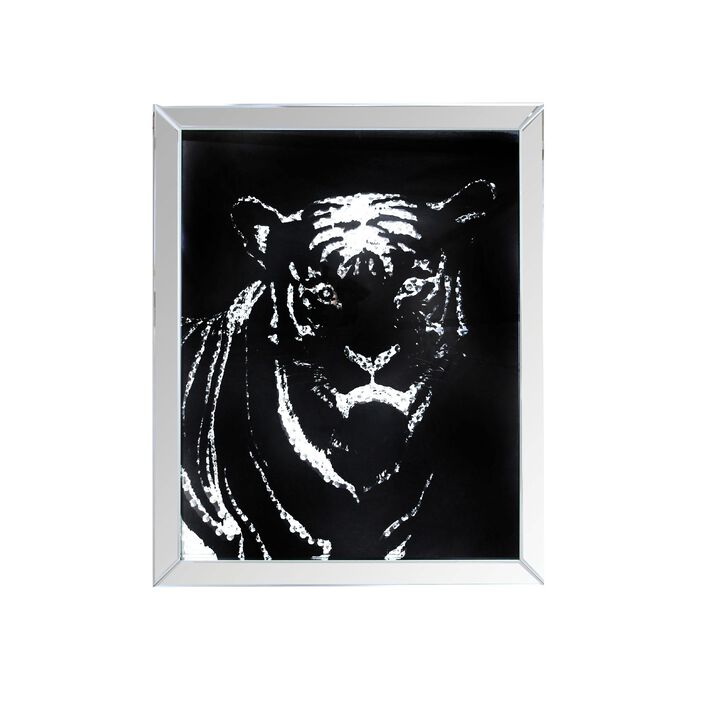 Rectangular Mirror framed Tiger Wall Decor With Crystal Inlays, Black & Silver
