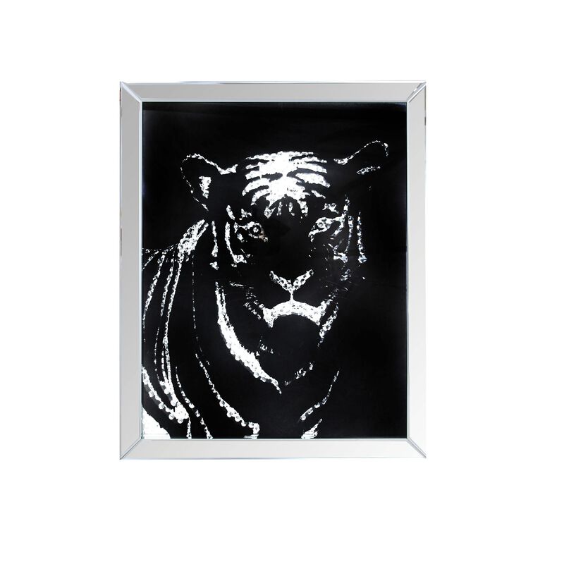 Rectangular Mirror framed Tiger Wall Decor With Crystal Inlays, Black & Silver image number 0