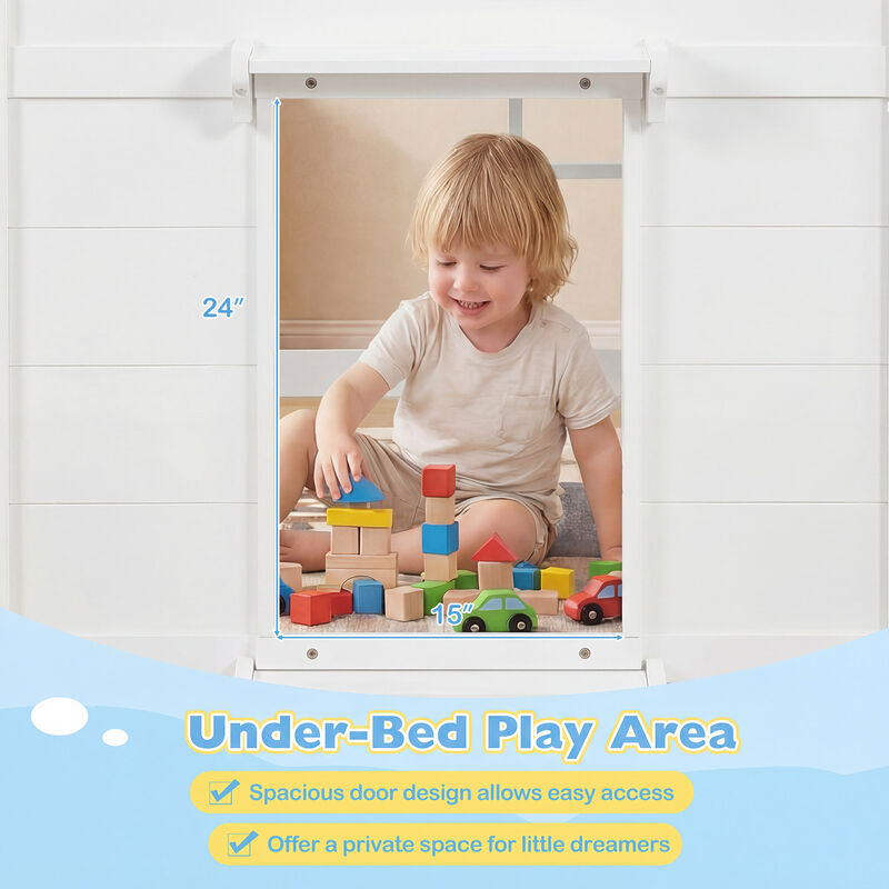 Low Kids Loft Bed with LED Lights and 2 Door Storage Wooden Frame image number 6