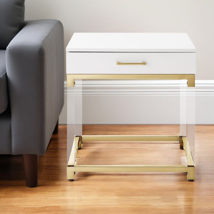 HomeRoots 24" Wood Acrylic and Stainless Steel Square End Table With Drawer