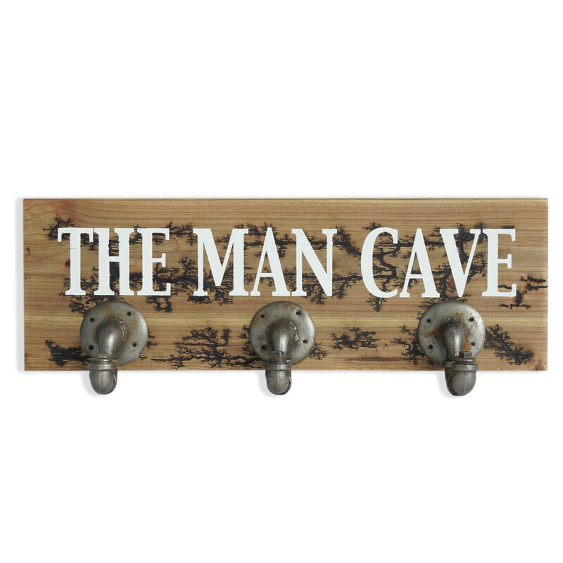 HomeRoots 12" X 27" Natural Silver And White Man Cave Metal And Wood Wall Decor With Hooks image number 0