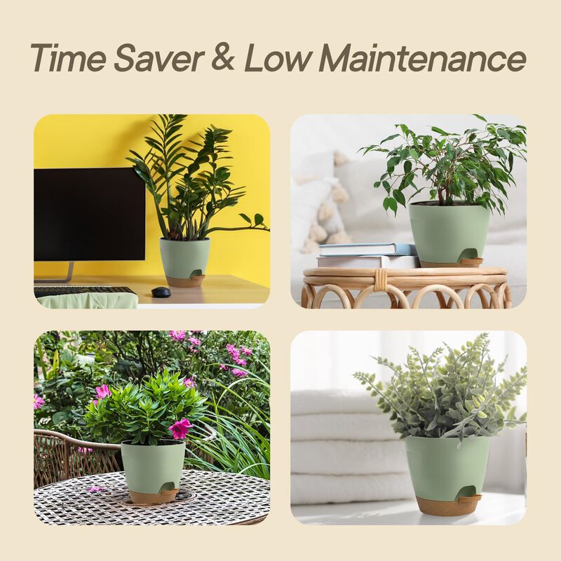 Green Self Watering Pots 20 Pack with Wick Rope & Drainage Holes, Indoor Outdoor Plastic Planters for Succulents, Herbs & Houseplants image number 9