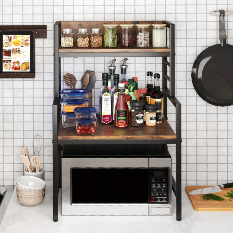 3-Tier Microwave Oven Stand with 2 Storage Shelves and Heavy-Duty Frame-Rustic Brown image number 1
