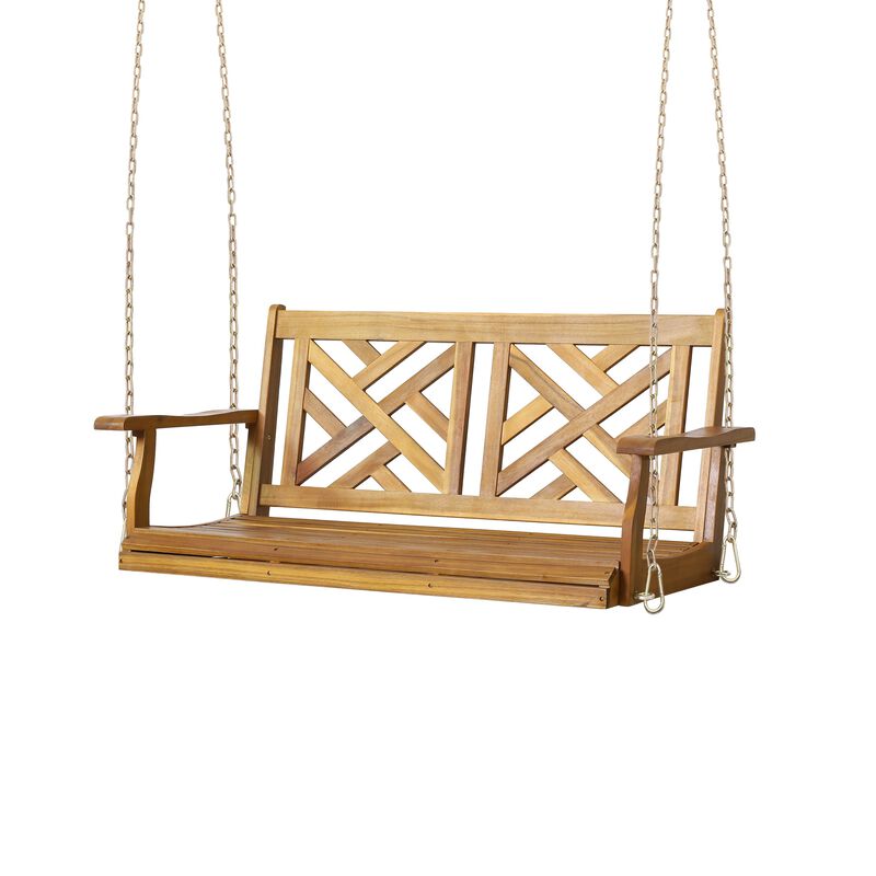 Annah Porch Swing Bench w Chains, Herringbone Teak Brown Acacia Wood