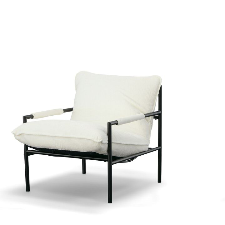 27 Inch Accent Chair, White Fabric, Black Metal Frame, Cushioned Seat -Benzara