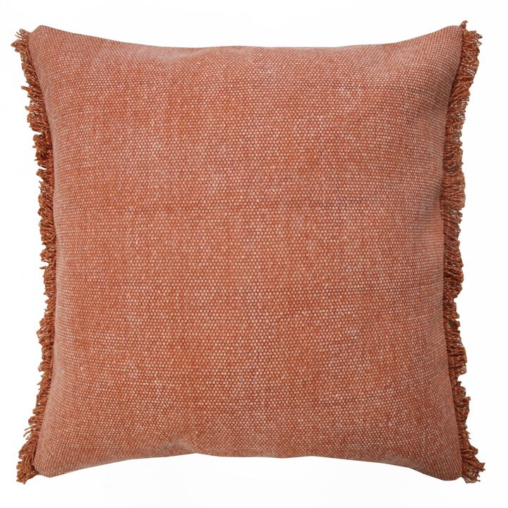 20" Brown and Orange Solid Stonewash Fringed Square Throw Pillow