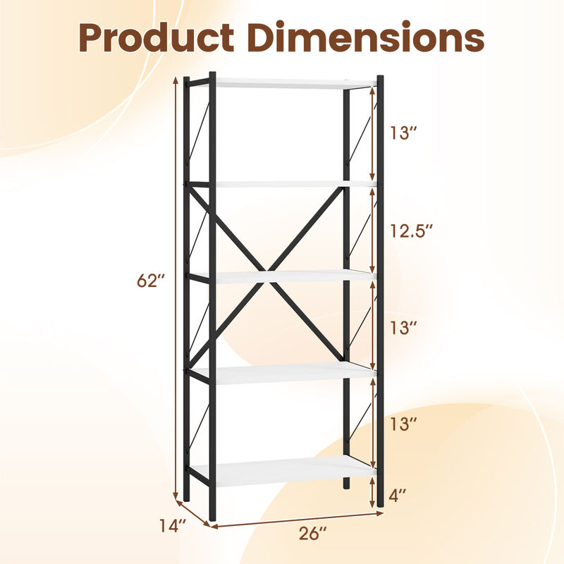 Modern 5-Tier Bookshelf Industrial Bookcase Metal Frame Storage image number 2