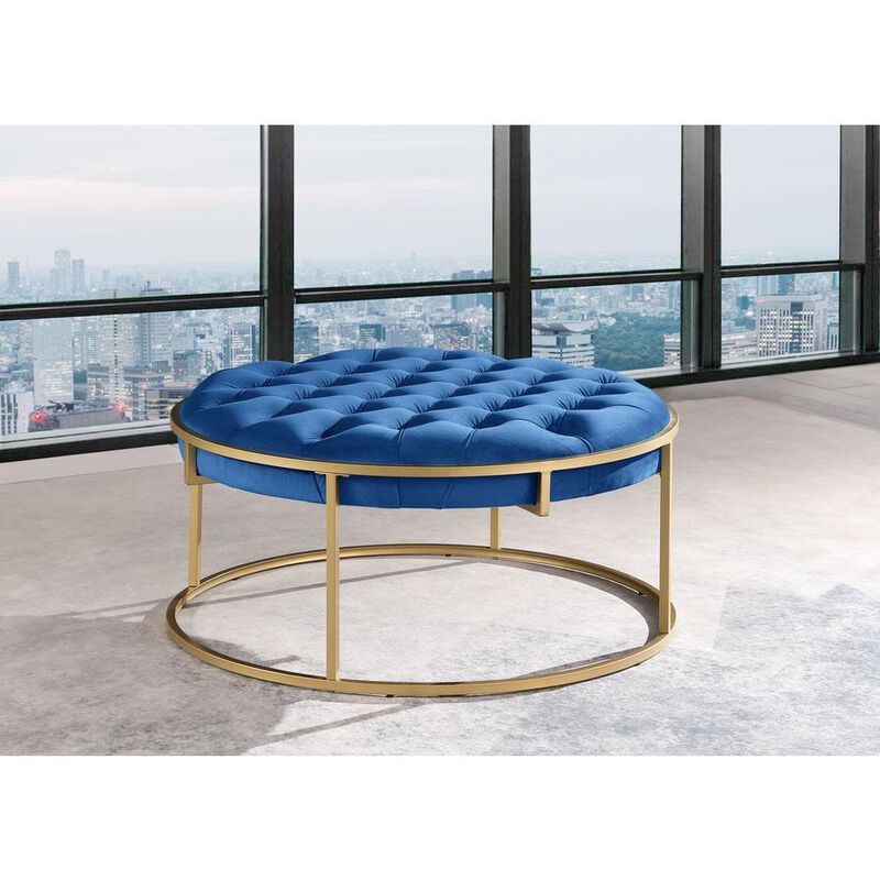 Conmara Velvet Round Accent Ottoman Navy Blue, Gold