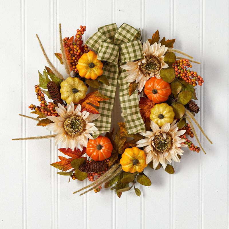 HomPlanti 24" Fall Pumpkin, Sunflower Artificial Autumn Wreath with Decorative Ribbon