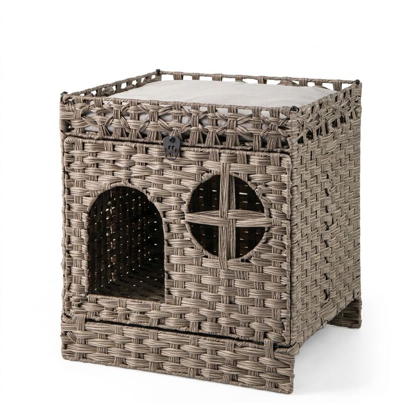 Rattan Cat Litter Box Enclosure, Foldable 2-Tier Design with Litter Mat-Grey image number 0