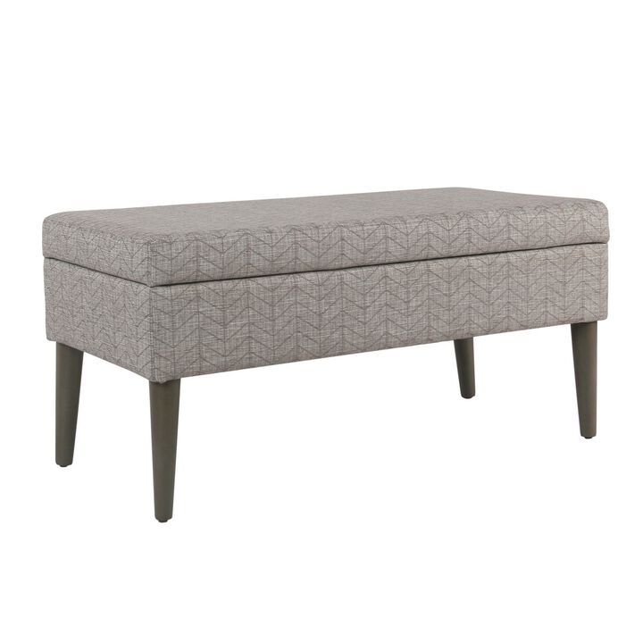 Chevron Patterned Fabric Upholstered Wooden Bench with Lift Top Storage, Gray - Benzara