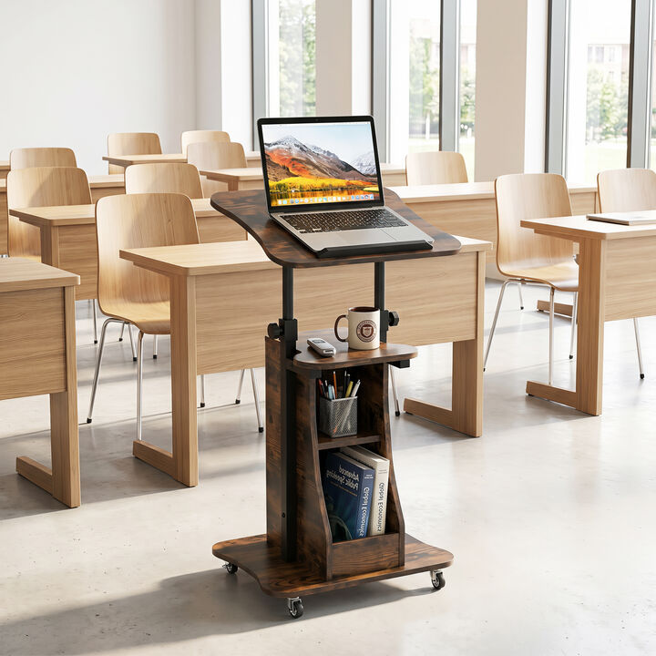 Mobile Podium Stand with Adjustable Height, Tilting Tabletop and Storage