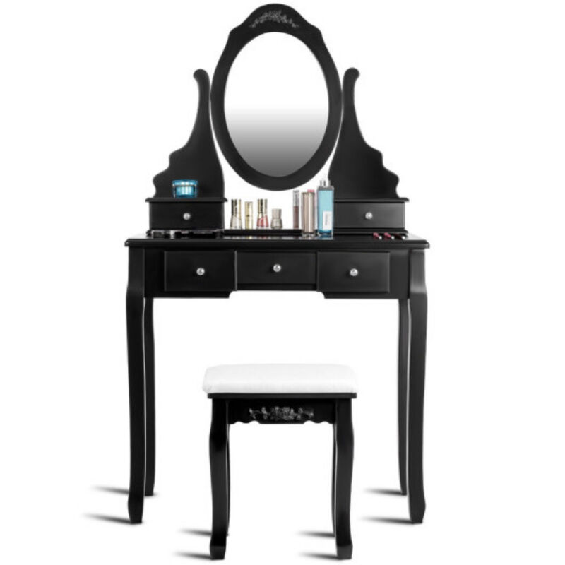 Wooden Vanity Set with 360° Rotating Oval Mirror and Cushioned Stool