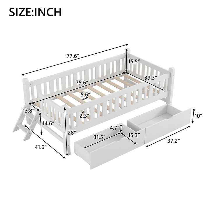 GOODSILO Wood Twin Size Platform Storage Bed With Built-In Safety Guardrail And Two Drawers Ideal For Small Kids Bedrooms