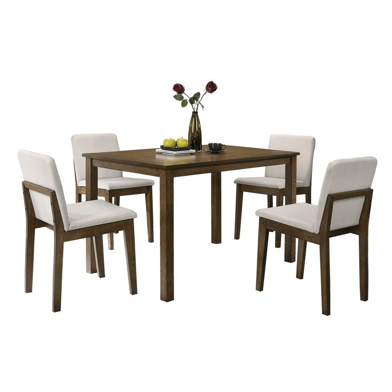 Dark Walnut Finish 5pc Dining Room Set Dining Table 4x Chairs Beige Fabric Chair Seat Kitchen Breakfast Dining room Furniture Rubberwood Veneer Unique Design