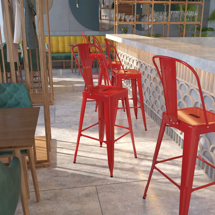 Flash Furniture Commercial Grade 30" High Red Metal Indoor-Outdoor Barstool with Removable Back