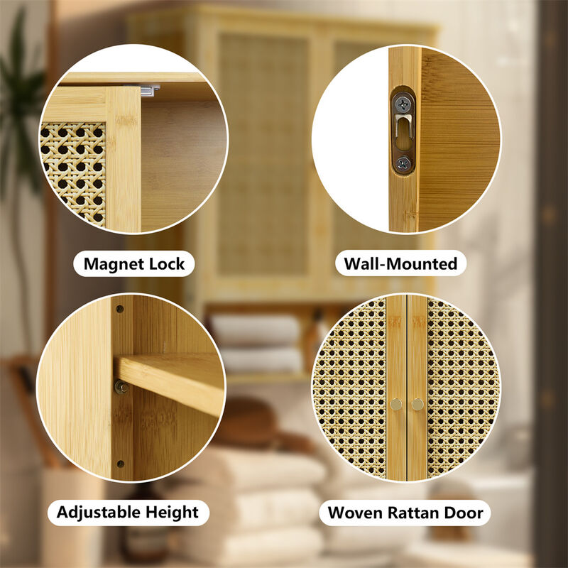 Bathroom Cabinet Wall Mounted, Bamboo Over-The-Toilet Storage Organizer 2 Door image number 5
