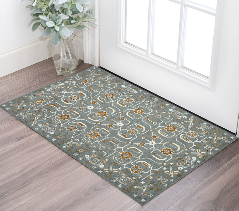 HomeRoots 2' X 3' Orange Gray And Ivory Wool Floral Medallion Hand Hooked Area Rug