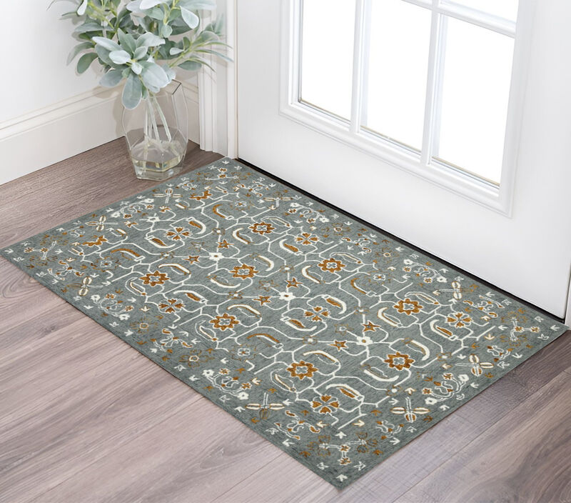 HomeRoots 2' X 3' Orange Gray And Ivory Wool Floral Medallion Hand Hooked Area Rug image number 1