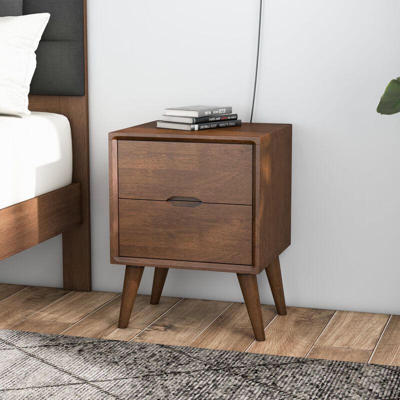 24.8" Assembled Mid Century Nightstand 2-Drawer Solid Wood Walnut image number 3