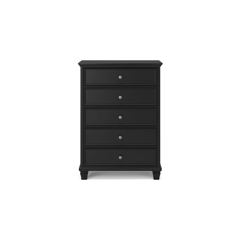 Lemo Tall Dresser Chest, 5 Drawer, Nickel Round Knob, Black Solid Wood - Benzara