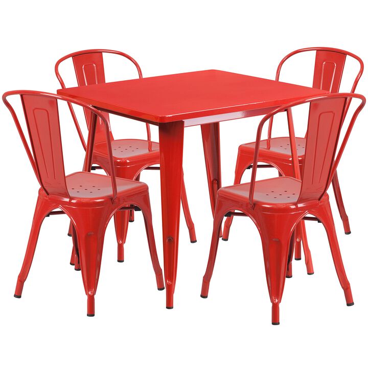 Flash Furniture Commercial Grade 31.5" Square Red Metal Indoor-Outdoor Table Set with 4 Stack Chairs