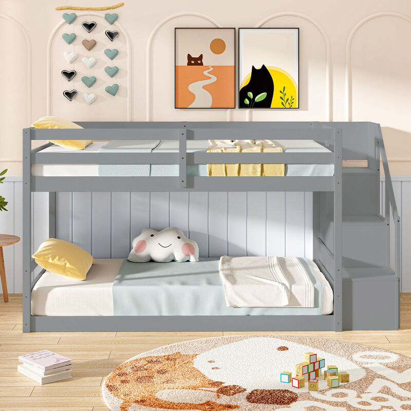 Solid Wood Twin Over Twin Low Bunk Bed with Storage Stairs image number 6