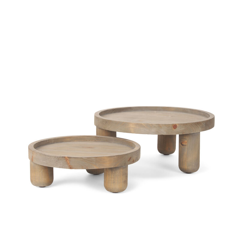 HomeRoots Set of Two Gray And Natural Solid Wood Handmade Round Risers image number 2