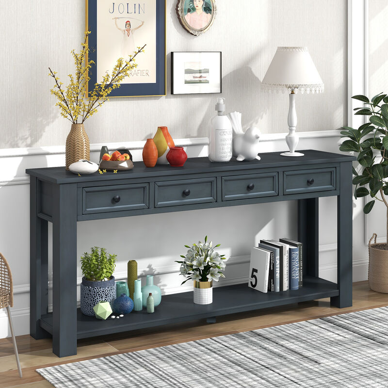 Whisen Rustic Rectangle Wood Console Table with 4-Storage Drawers and Bottom Shelf