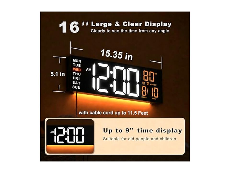 Digital Remote LED Auto Dimming RGB Wall Clock 16 Inch Glow In Dark