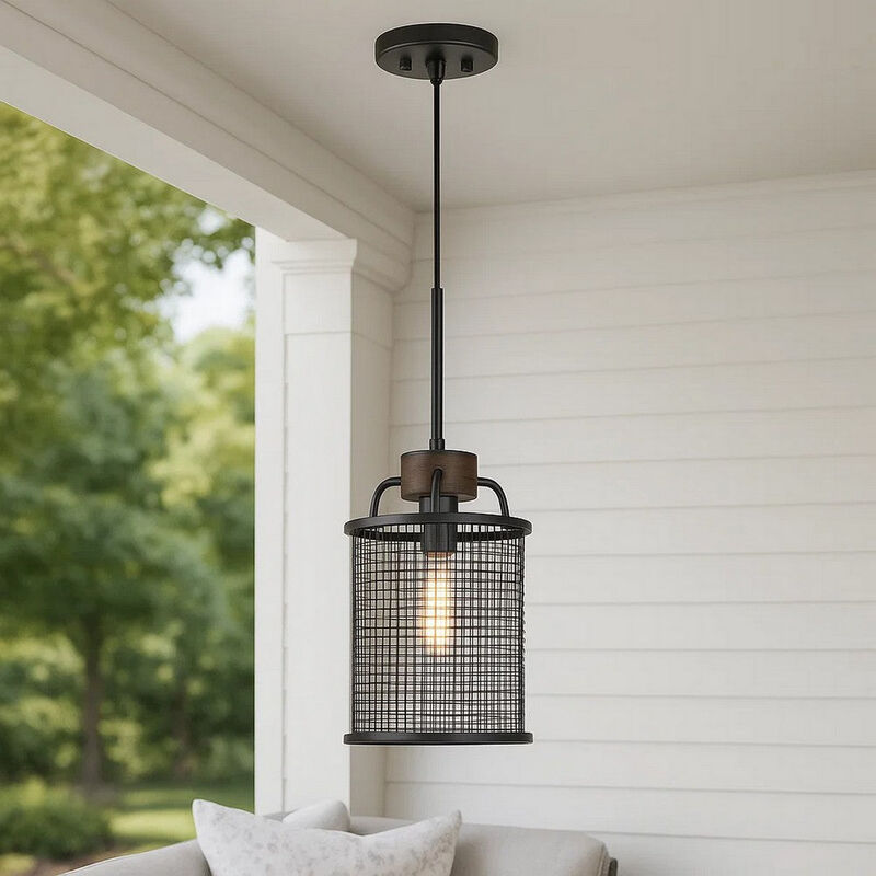Cylindrical Grid Design Metal Chandelier with Wooden Accent, Black - Benzara image number 3