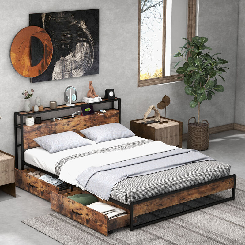 Wooden Bed Frame with 2 Storage Drawers and Power Station &ndash; Platform Bed with USB Ports