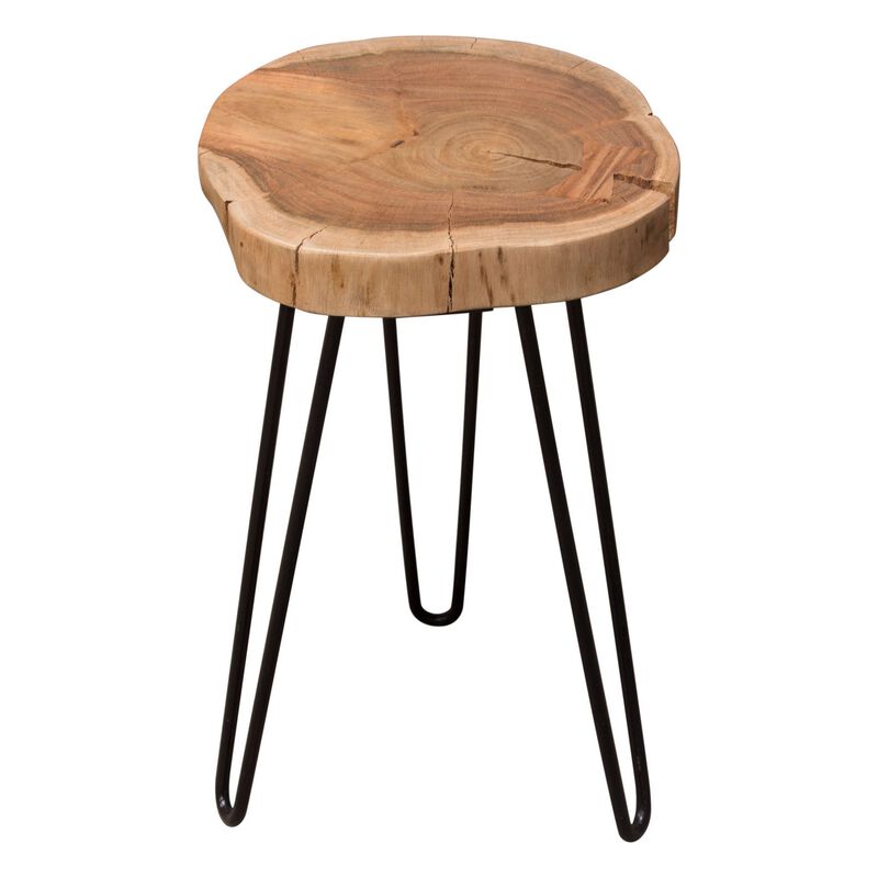 23 Inch Side End Table, Hairpin Legs, Natural Brown Acacia Wood, Black Base