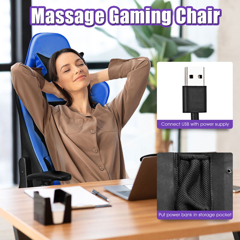 Costway Massage Gaming Chair Reclining Racing Office Computer Chair with Footrest Blue