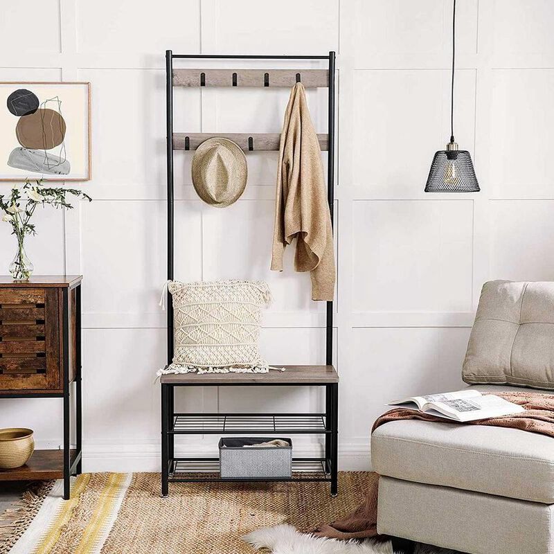Hivvago Modern Industrial Black Grey Entryway Coat Rack Shoe Bench with 2 Shelves