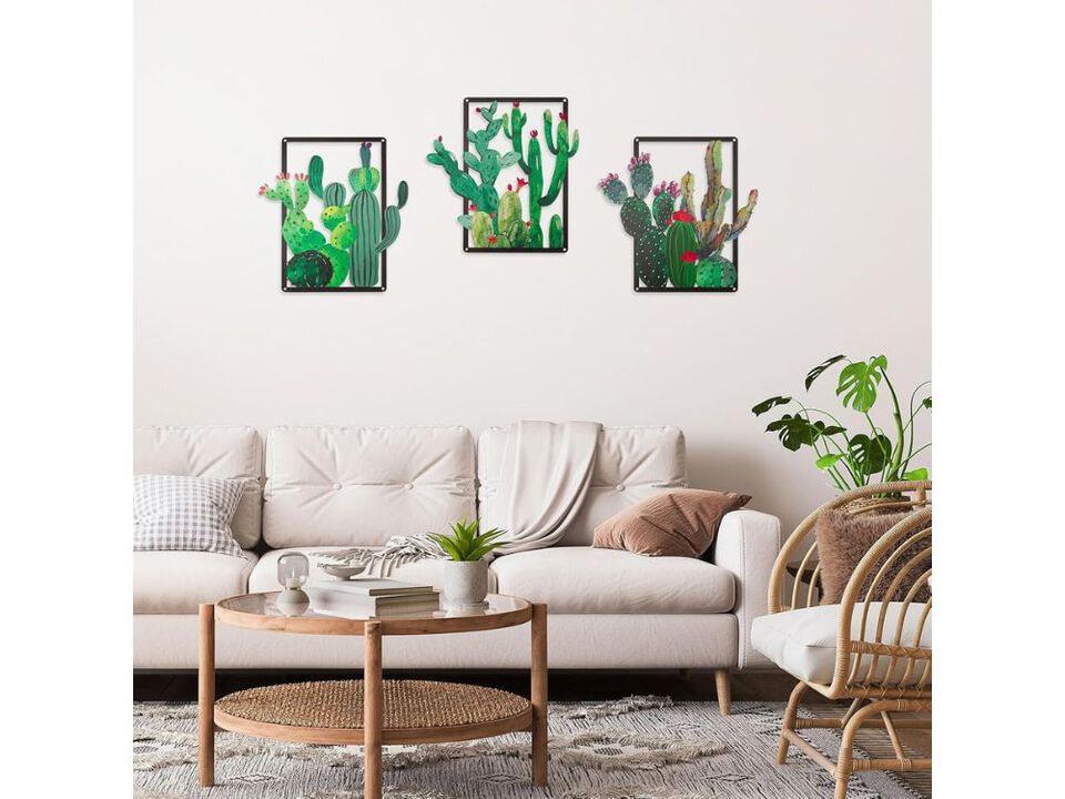 Green Metal Cactus Wall Decor Set of 3 Southwestern Art for Bedroom Living Room