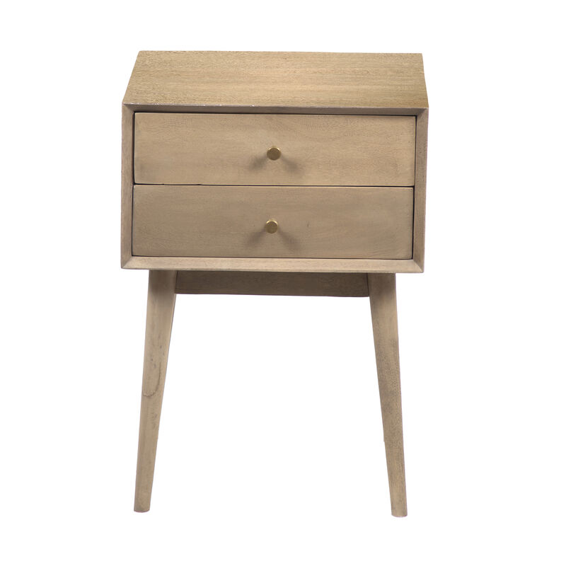 Nali Bedside Nightstand Table, 2 Drawers, Sandblasted Washed Ash White Mango Wood, Brass Knobs