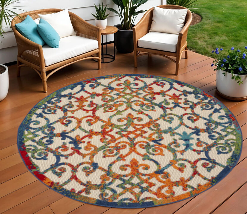 HomeRoots 8' Ivory Blue Orange And Green Round Trellis Indoor Outdoor Area Rug